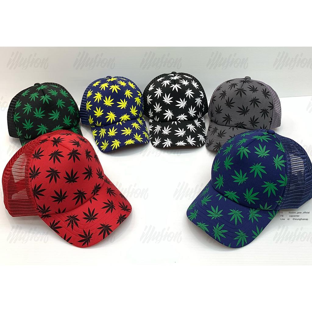 ลายใบกัญชาเต็มใบ ดำสกรีนขาว